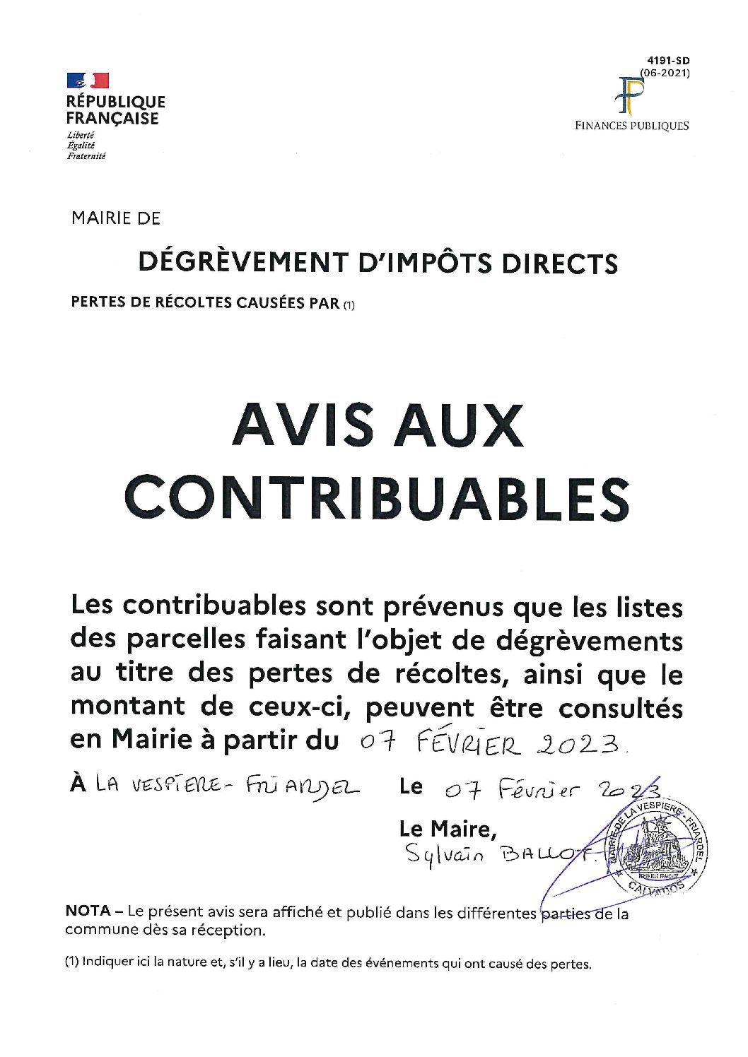 DÉGRÈVEMENT AU TITRE DES PERTES DE RÉCOLTES DÉGRÈVEMENT AU TITRE DES PERTES DE RÉCOLTES