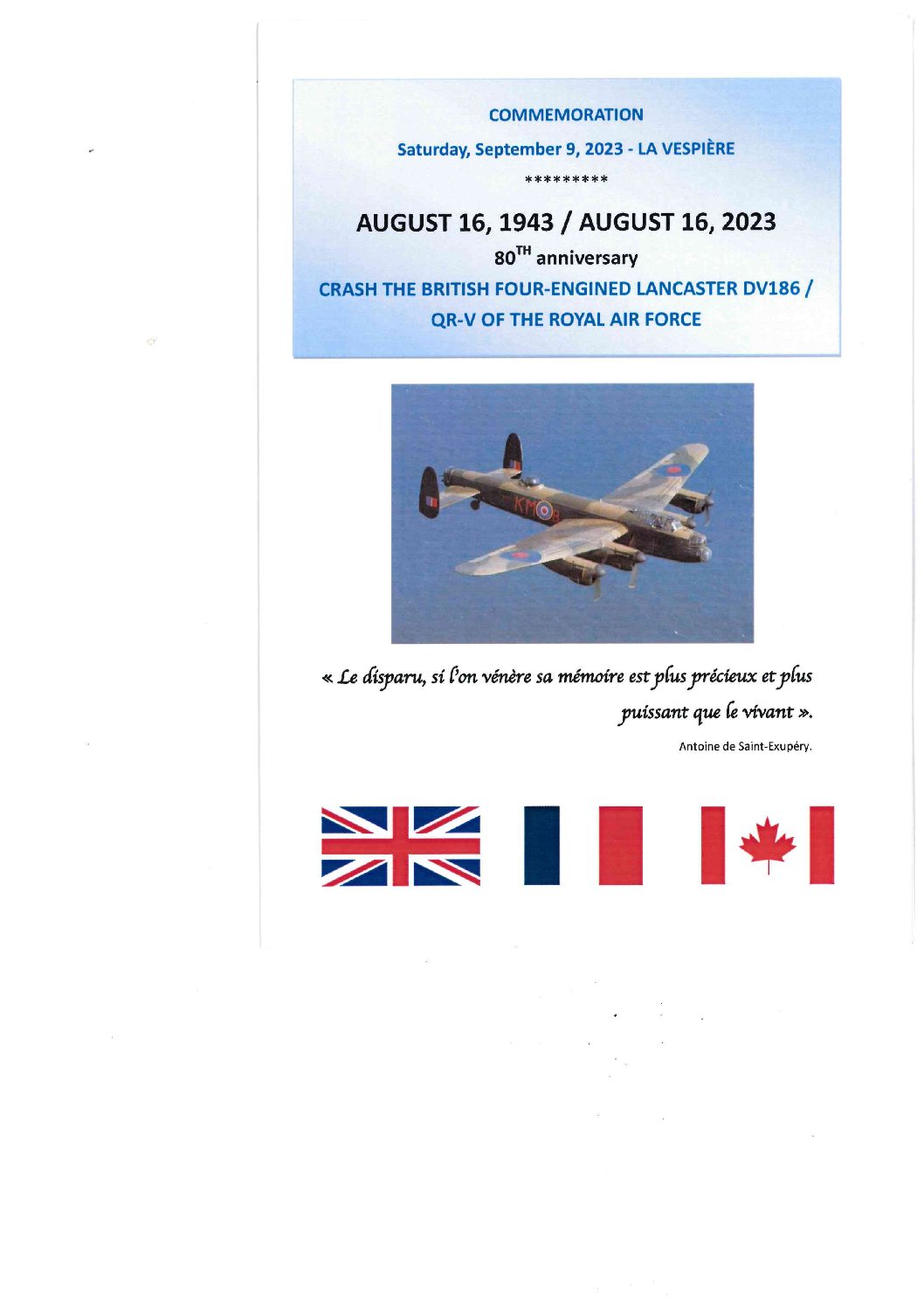 Commémoration du Crash du Bombardier Lancaster DV186 